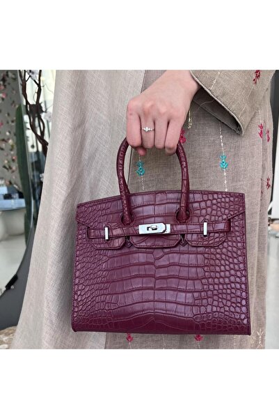 None شنطة نسائية وسط كروك كامل مقاس 25 سم قفل فضي لون عنابي