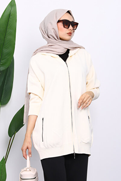 İmajButik Κρεμ Πλεκτή Ζακέτα με Διπλή Τσέπη με φερμουάρ