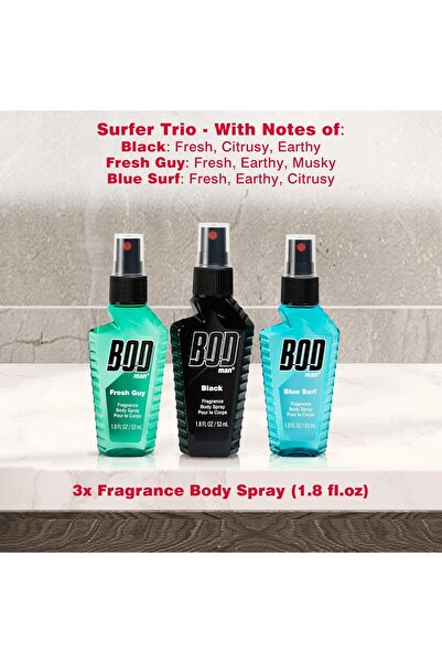 Bod Man Body Spray Holiday Gift Set for Him - 3 Piece Variety Sampler (Black, Fresh Guy, Blue Surf)