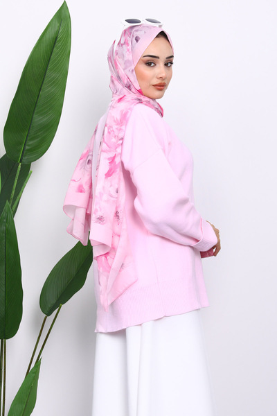 İmajButik Pink Crew Neck Soft Textured Oversized Knitwear Sweater