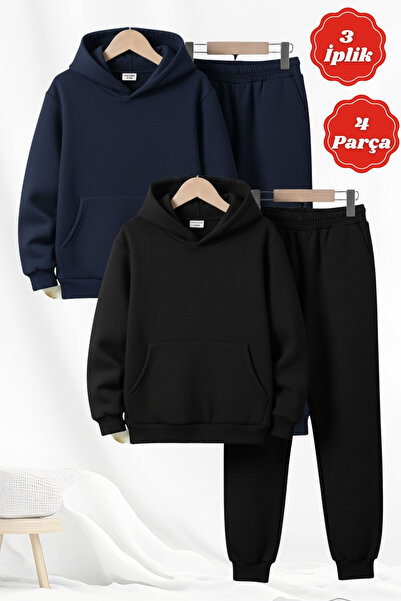 panios kids 3 İplik Ş Fleece-Lined Plain Unprinted Kangaroo Pocket K Hooded 4 Piece Boys' Tracksuit Set