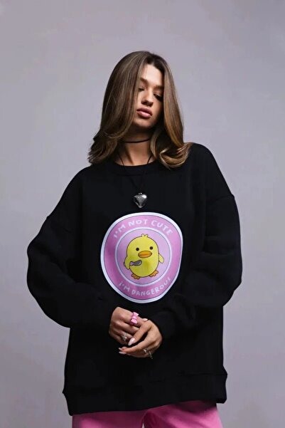 The Champ Clothing Γυναικείο φούτερ oversized Cute Duck με τύπωμα Μαύρο – Crew Neck, 3 Thread Ş επένδυση fleece Fleece