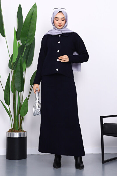 İmajButik Navy Blue Shirt Collar Buttoned Knitwear Skirt Set