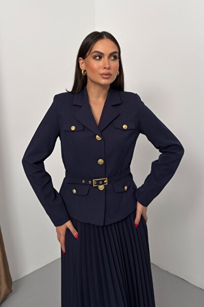 spirituel Women's Two-Piece Top and Bottom Set Belted Pocket Button Detail Blazer Jacket Pleated Long Skirt Set