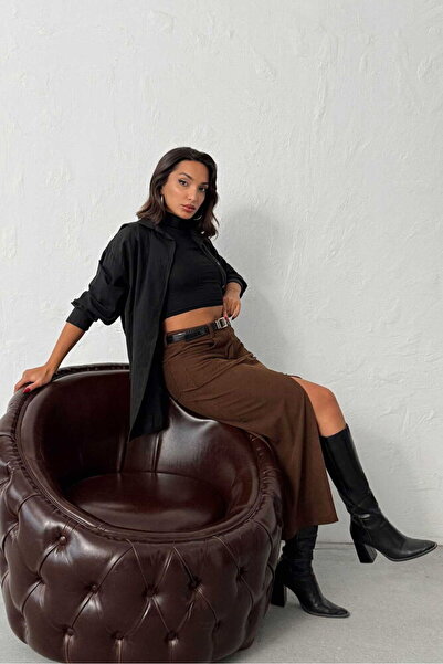 Ecenin Favorileri Corded Fabric Velvet Front Slit Midi Women's Skirt