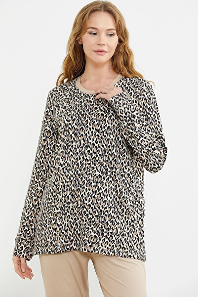 Sementa 76413 Women's Beige Leopard Patterned Comfortable Fit Pajama Set