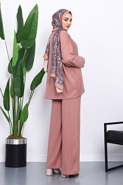 İmajButik Gul Kurusu Ribbed Knit Tunic Trouser Suit