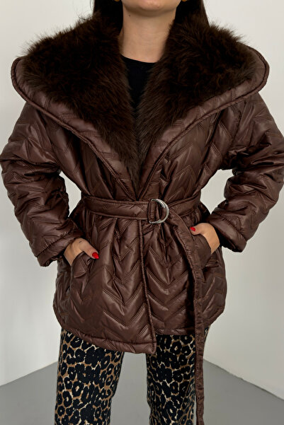 spirituel Women's Puffer Coat Wide Collar Belted Collar Fur Quilted Coat
