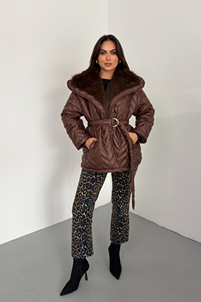 spirituel Women's Puffer Coat Wide Collar Belted Collar Fur Quilted Coat