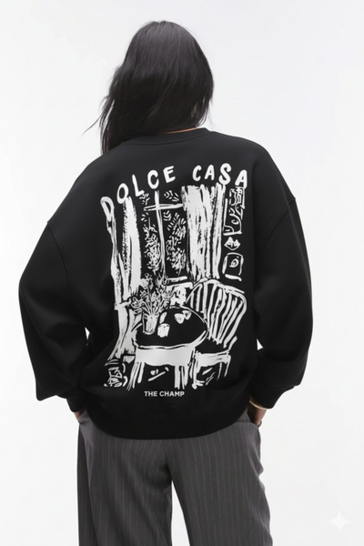 The Champ Clothing Φούτερ Unisex Μαύρο με λαιμόκοψη Dolce Casa με τύπωμα 3 Thread Ş επένδυση fleece Oversize
