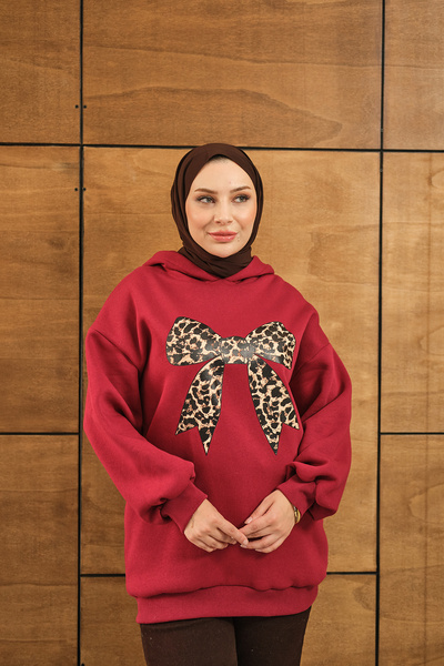 LOCCO Women's Leopard Ribbon Detailed Sweatshirt Red