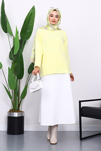 İmajButik Yellow Crew Neck Soft Textured Oversized Knitwear Sweater