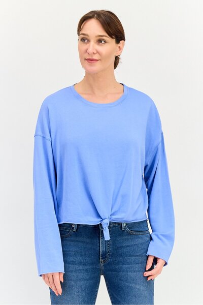 aerie Women Round Neck Long Sleeve Plain Tops, Blue