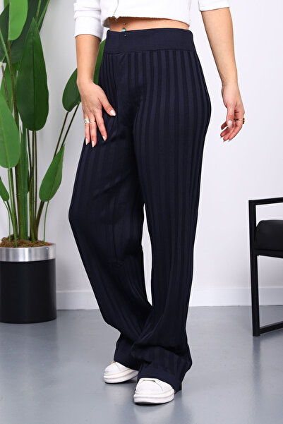 İmajButik Navy Blue High Waist Corded Fabric Wide Leg Knitwear Trousers