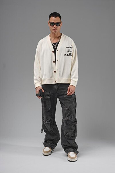 king brich Buttoned Embroidery Detailed Oversized Pattern Men's Cardigan