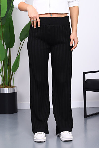 İmajButik Black High Waist Corded Fabric Wide Leg Knitwear Trousers