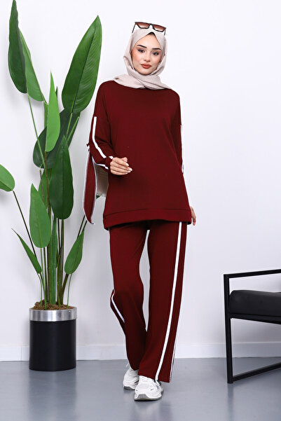 İmajButik Burgundy Sleeve Tied Tunic Trouser Suit