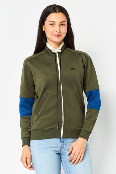 Lacoste Women Mock Neck Embroidered Logo Long Sleeve Sweatshirt, Dark Olive