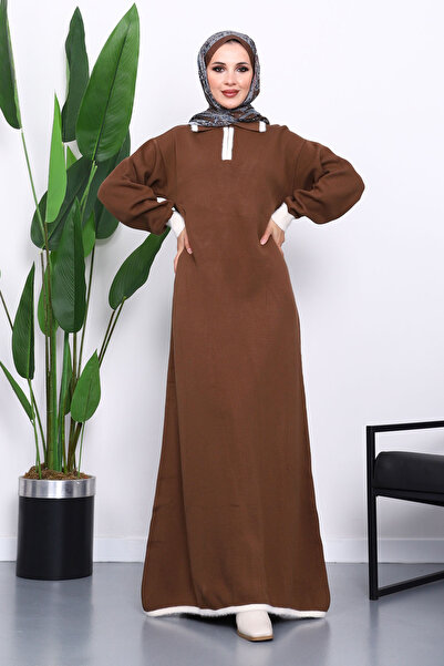 İmajButik Brown Shirt Collar Zippered Knitwear Dress
