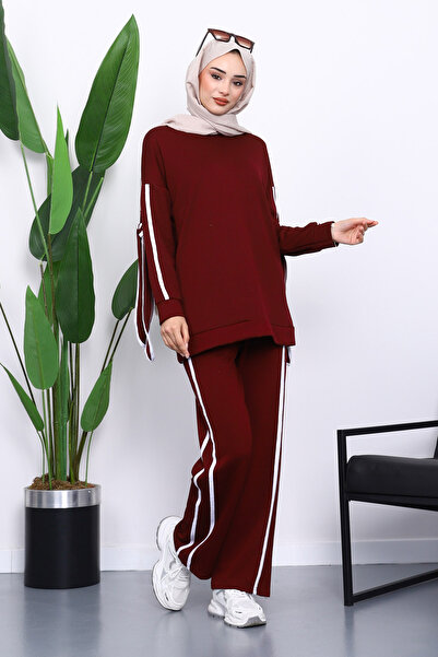 İmajButik Burgundy Sleeve Tied Tunic Trouser Suit
