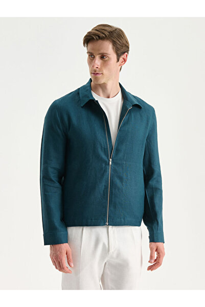 LC Waikiki Southblue Petrol Shirt Collar 100% Linen Men's Jacket