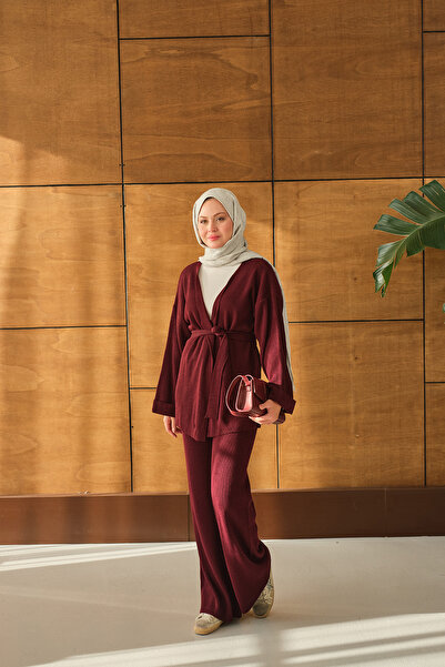 LOCCO Women's Tie-Waist Kimono Set Burgundy