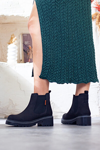 Adım Adım Women's Genuine Leather Casual Boots with Elastic Sides