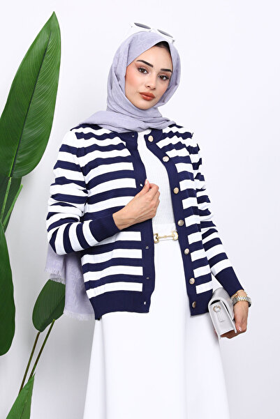 İmajButik Navy Blue Buttoned Cold Yarn Knitwear Cardigan
