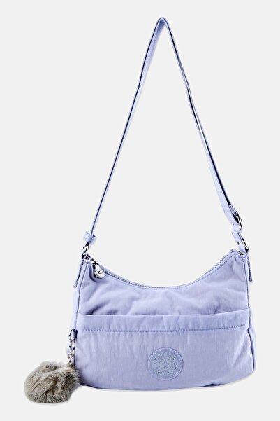 Kipling حقيبة كتف نسائية بشعار العلامة التجارية مع سلسلة مفاتيح، لون أرجواني