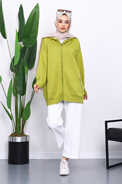 İmajButik Oil Green Double Pocket Zippered Knitwear Cardigan
