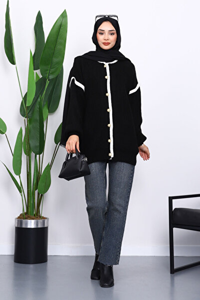 İmajButik Black Balloon Sleeve Buttoned Knit Cardigan