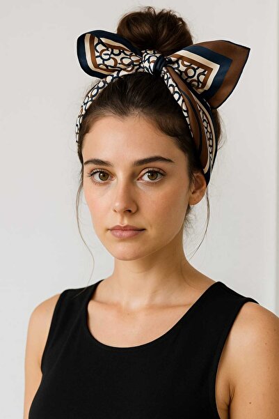 bahia butik aksesuar Women'S, Patterned Satin Scarf - Navy Blue Brown Geometr...