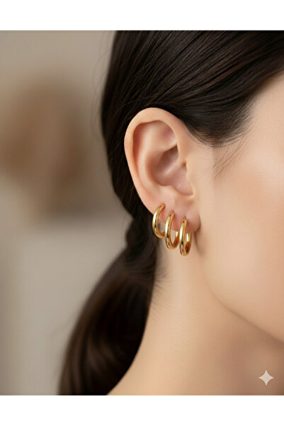 Pelit Tasarım ⭐️ 3'lü Set Kalın Çelik Halka Küpe Kombini - Gold Kaplama