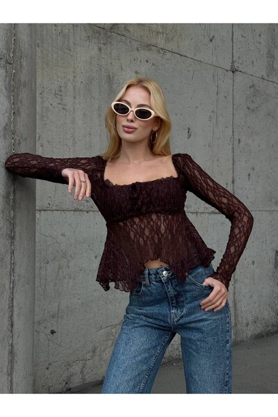 cemo Ecru Peplum Hem Ruffled Guipure Blouse Long Sleeve Tie Detail Square Neck Stylish Blouse