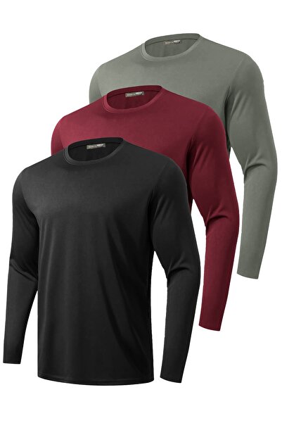 GHASSY CO. 3-Pack Men's 100% Cotton Stretch Fabric Sports Running Daily Training Long Sleeve Combed Cotton T-Shirt