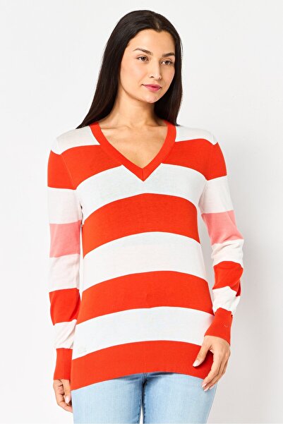 Lacoste سترة نسائية مخططة برقبة على شكل حرف V، متعددة الألوان