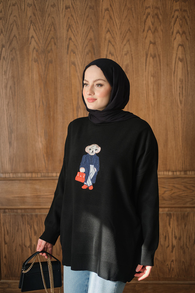 LOCCO Γυναικείο Σετ Πλεκτό Κέντημα Αρκουδάκι Μαύρο