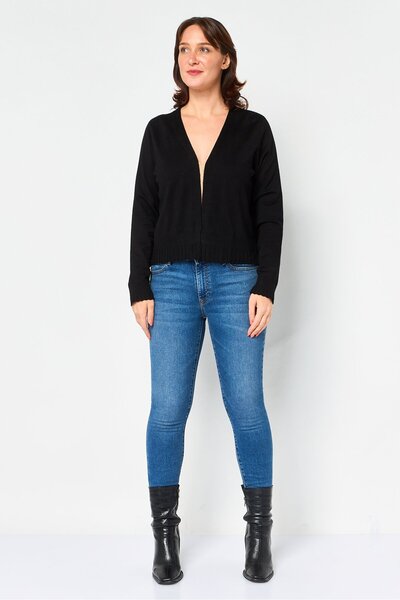 ISAAC MIZRAHI Women Split Neck Textured Cardigan, Black