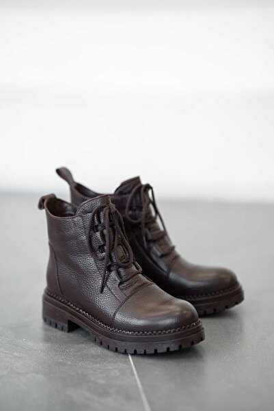 Parponi Γυναικείες μπότες Anastasia Lace-Up από γνήσιο δέρμα καφέ