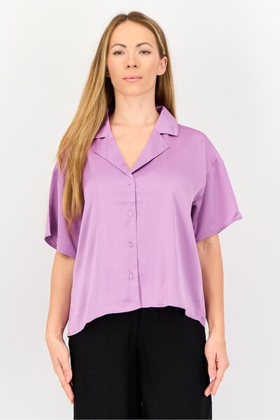 Forever 21 Women Notched Collar Short Sleeve Solid Shirt, Purple