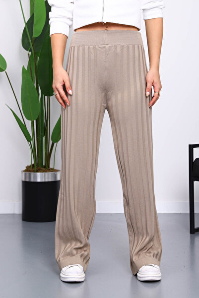 İmajButik Mink High Waist Corded Fabric Wide Leg Knitwear Trousers