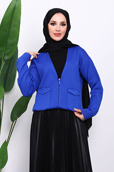 İmajButik Cobalt Blue Double Pocket Zippered Knitwear Cardigan