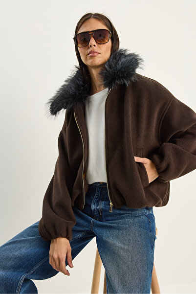 Bianco Lucci Γυναικείο μπουφάν με φερμουάρ και γούνινο γιακά