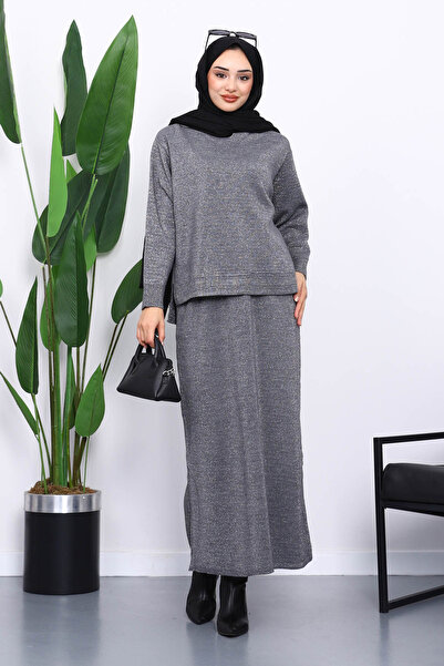 İmajButik Smoked Shirt Collar Knitwear Skirt Set