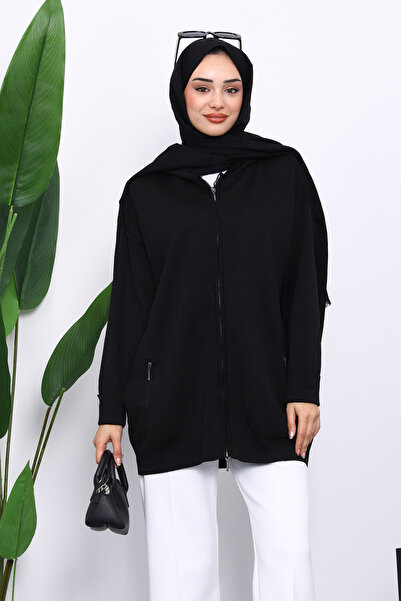 İmajButik Black Double Pocket Zippered Knitwear Cardigan