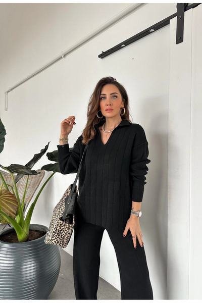 burcu tekstil Double Knitwear Set V-Neck Black