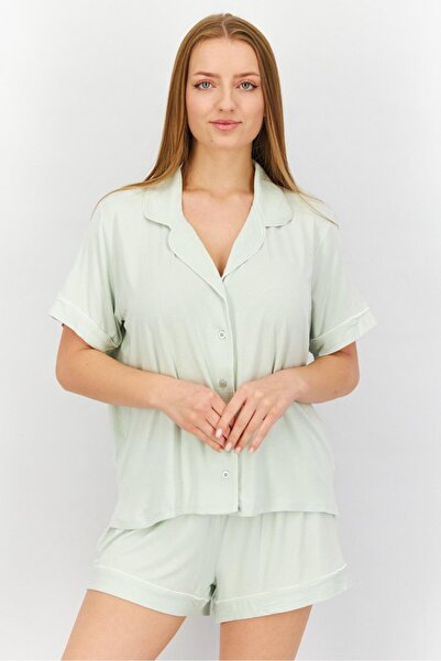 French Connection Women 2 Pieces Solid Pajama Top And Bottom Set, Sky Green