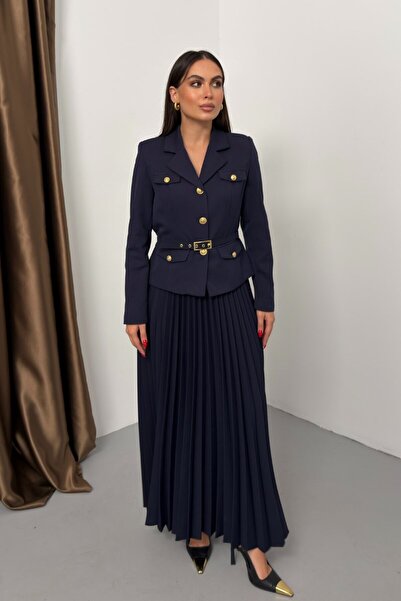 spirituel Women's Two-Piece Top and Bottom Set Belted Pocket Button Detail Blazer Jacket Pleated Long Skirt Set