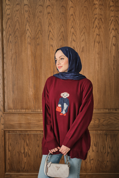 LOCCO Women's Teddy Bear Embroidered Knitwear Set Burgundy