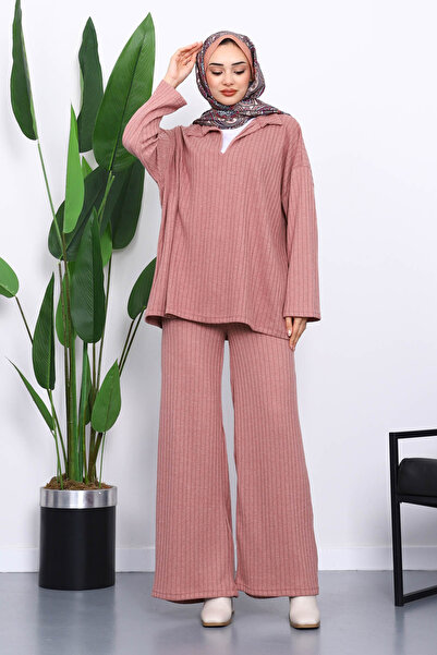 İmajButik Gul Kurusu Ribbed Knit Tunic Trouser Suit